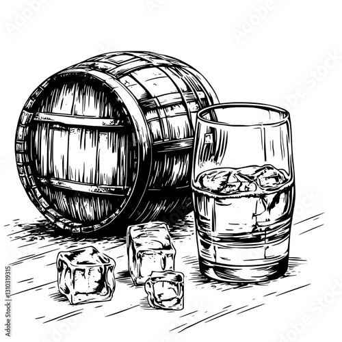 Engraved illustration of a whiskey glass, ice cubes, and a wooden barrel on a rustic surface