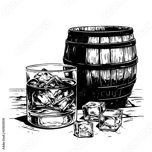 Rustic elegance captured in a vintage vector illustration of whiskey on the rocks with a barrel