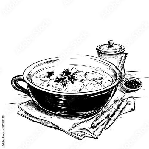 Engraved illustration of a steaming bowl of soup with herbs served alongside condiments for a delightful culinary experience