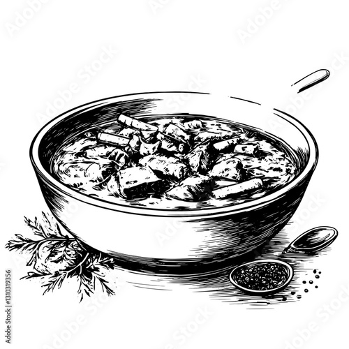 Engraved illustration of a hearty bowl of stew with fresh herbs and spices ready for a cozy meal