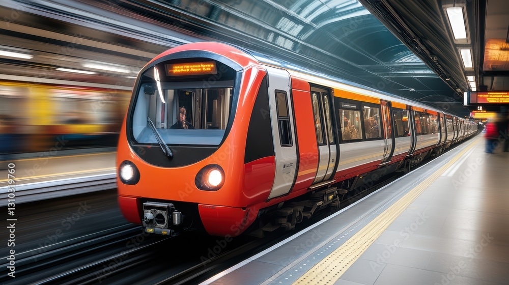 Naklejka premium A moving train at a station with people walking on the platform.
