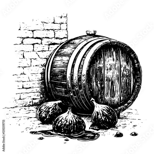 Engraved vector artwork featuring an old wooden barrel beside ripe figs on a rustic surface in an evocative and artistic setting