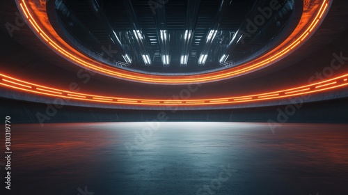 Wallpaper Mural Futuristic, empty, circular arena with neon orange lights and dark gray concrete floor. Torontodigital.ca