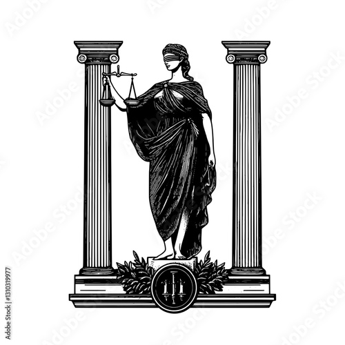 Symbolic representation of justice with a blindfolded figure holding scales among classical pillars