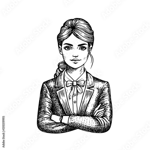 Intricate engraved illustration of a poised woman in a suit with a bow tie, perfect for tattoo art and elegant packaging designs
