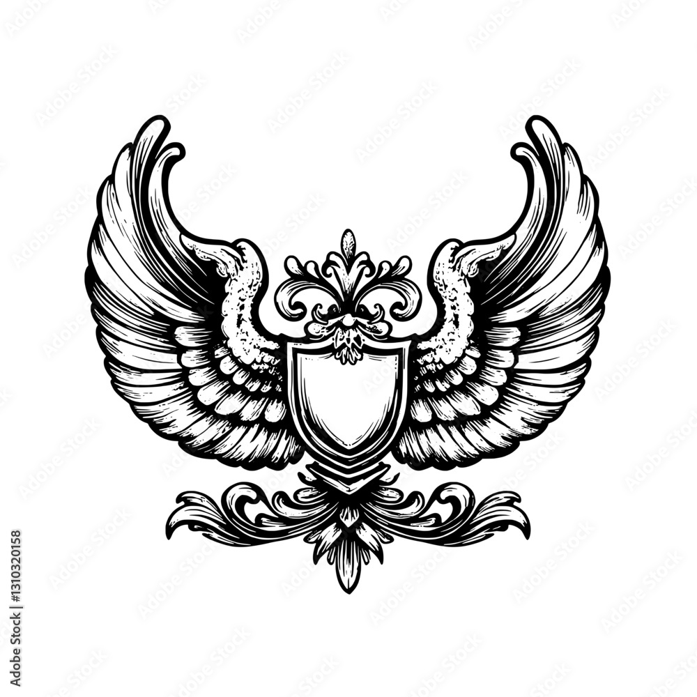 Obraz premium Exquisite engraved illustration featuring intricate wings and a shield design for artistic tattoo and packaging inspiration