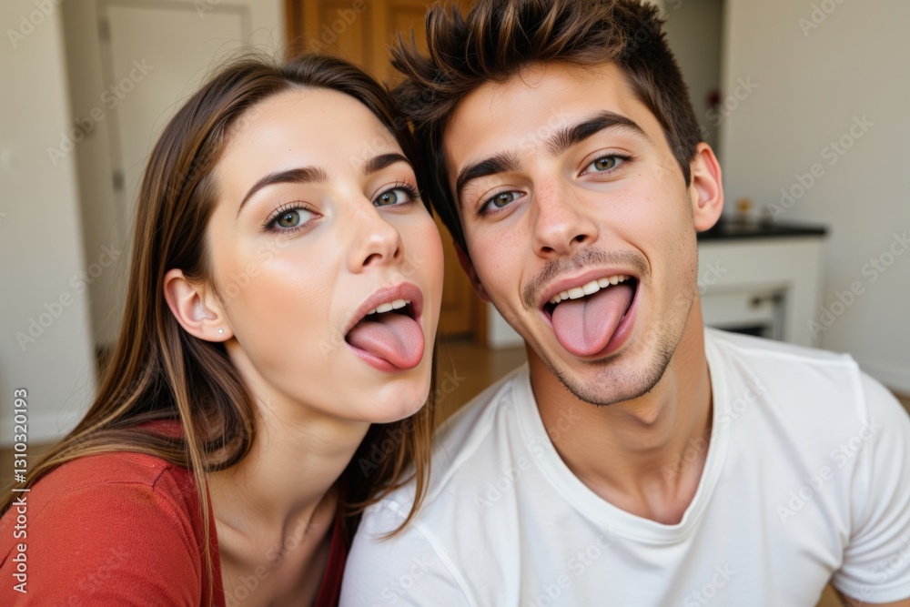 A Playful Young Couple Taking a Selfie at Home, Showing Affection and Lightheartedness with Tongue Out Expressions in a Bright, Modern Living Space A Playful Young Couple Taking a Selfie at Home, Showing Affection and Lightheartedness with Tongue Out Expressions in a Bright, Modern Living Space
