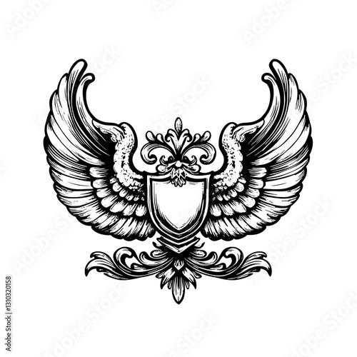 Exquisite engraved illustration featuring intricate wings and a shield design for artistic tattoo and packaging inspiration