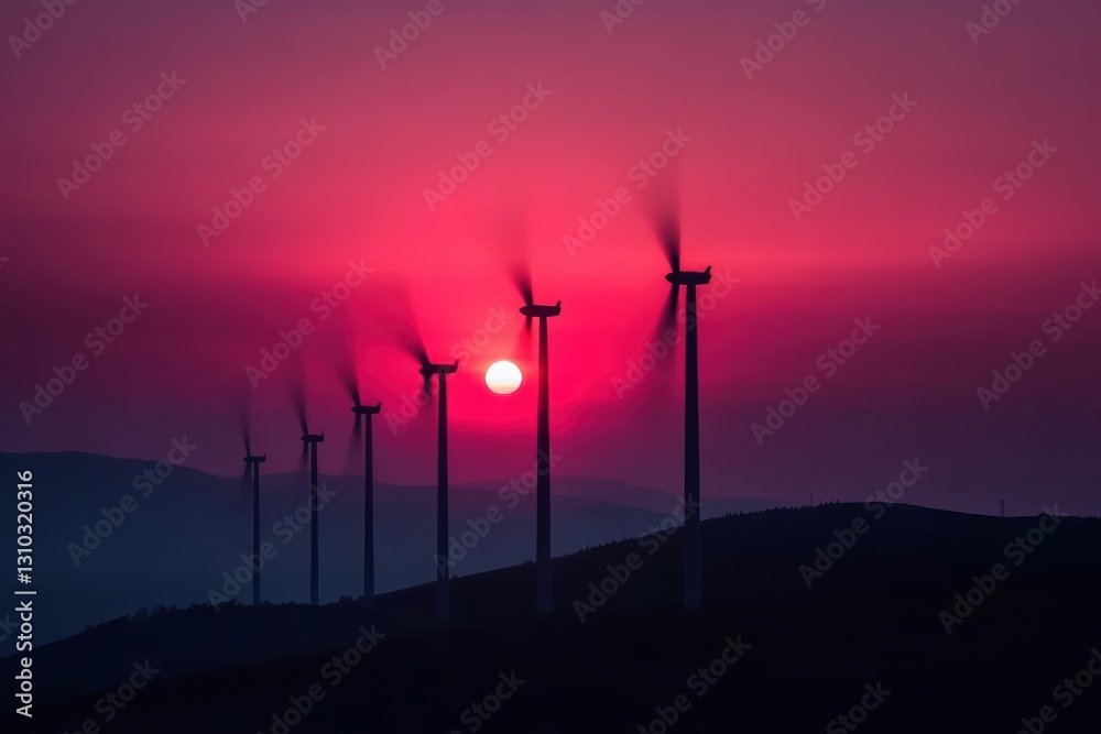 Obraz premium Aerial view of wind turbines silhouetted against a vibrant sunset sky.