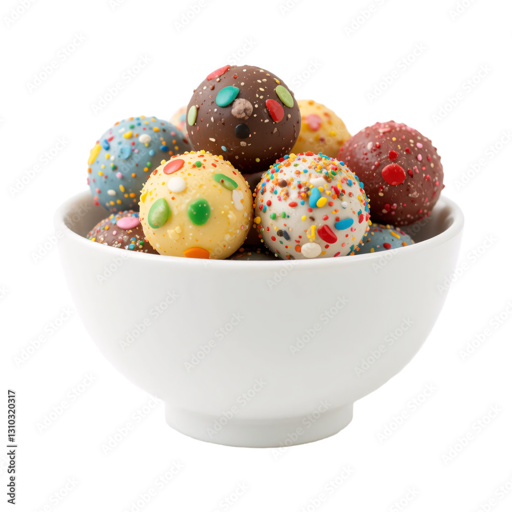 Fototapeta premium White bowl filled with colorful chocolate truffles covered in sprinkles isolated on transparent background