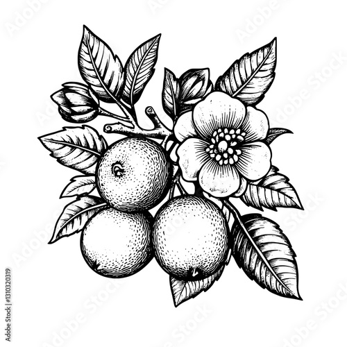 Detailed engraved illustration of citrus fruits with blossoms showcasing nature's beauty and intricate artistry in tattoo design