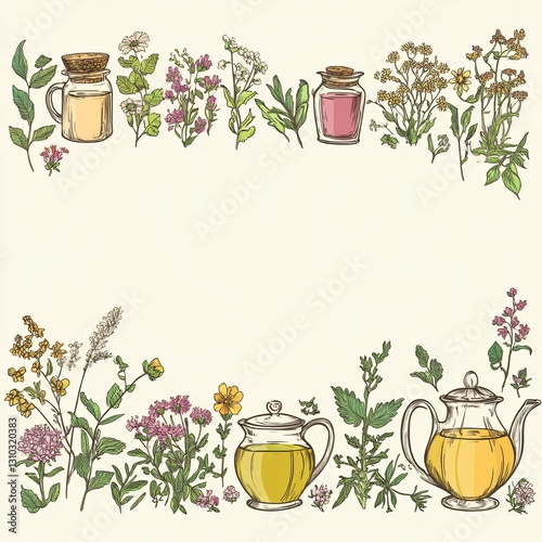 Botanical Herbal Tea Frame Banner with Cute Doodle Flowers