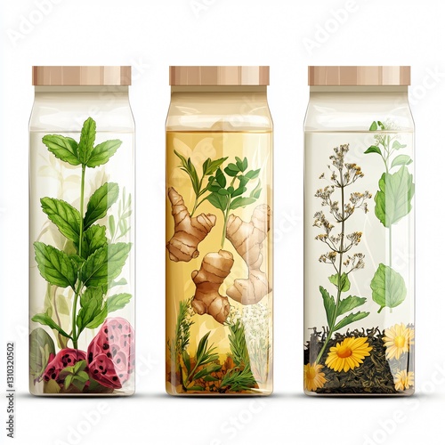 Professional Herbal Tea Package Design with Ginger, Mint, and Chamomile for Organic and Natural Beverage Products