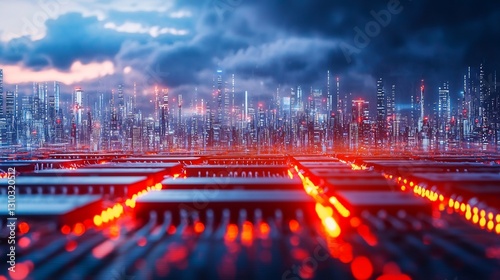 Futuristic cityscape powered by advanced technology, with glowing computer chips forming the ground, beneath a dramatic sky.