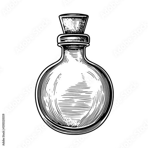 Intricate engraved illustration of a vintage potion bottle designed for tattoo and packaging art