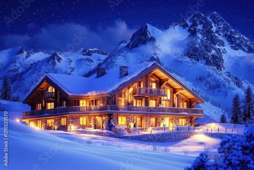 Cozy mountain house illuminated by lights, surrounded by snow-covered peaks at night.