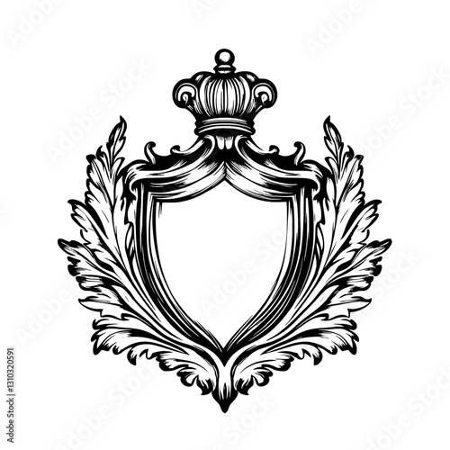 Intricate engraved crest design featuring ornate foliage and a royal crown ideal for tattoo art and elegant packaging applications