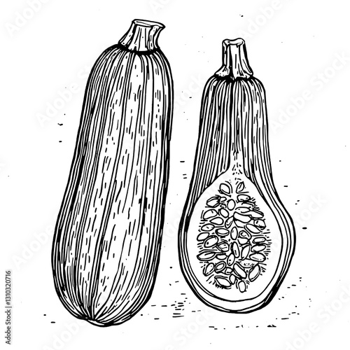 Engraved vector illustration showcasing the beauty of a cut zucchini and its whole counterpart for artistic packaging concepts