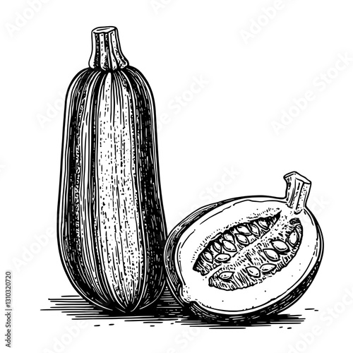 Illustrated engraving of zucchini and papaya, showcasing nature's bounty through intricate detail and artistic flair