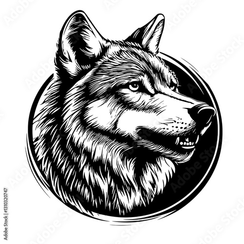 Engraved illustration of a majestic wolf head in a bold vector style for artistic design purposes