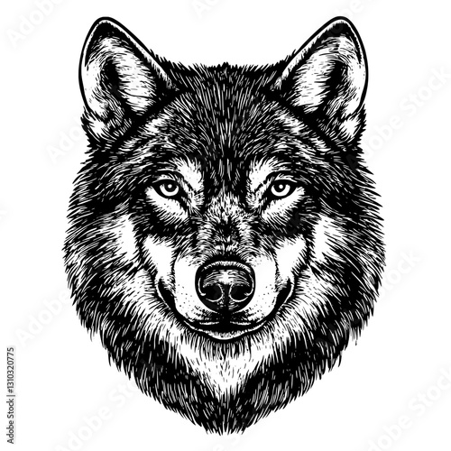 Intricate wolf head illustration for tattoo and packaging design inspiration with detailed engraving style