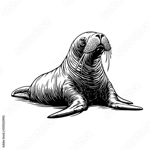 Intricate engraving of a majestic seal basking peacefully on a rocky shore under a clear sky at dawn