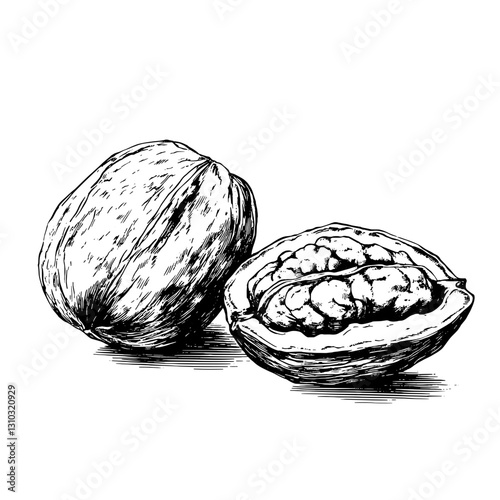 Engraved illustration of walnut husk and kernel showcasing intricate details for artistic tattoo and packaging inspiration
