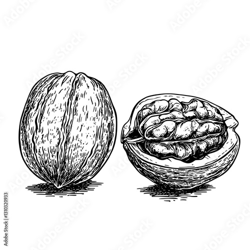 Intricate engraved walnut shell illustration for unique tattoo and packaging design inspiration