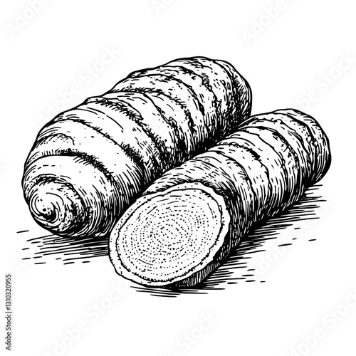 Unique engraved illustration of taro root showcasing intricate textures for tattoo and packaging design inspiration