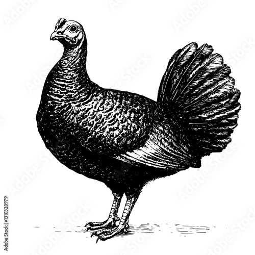 Engraved illustration of a majestic turkey design for tattoo and packaging inspiration