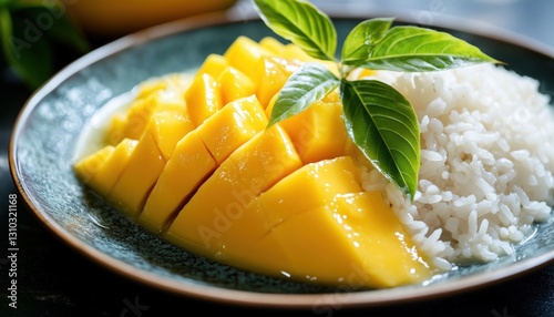 Delicious Thai Dessert: Sweet Mango Served With Glutinous Rice. A Popular Combination Of Fruity And Creamy Flavors, Perfect For A Satisfying Treat. photo