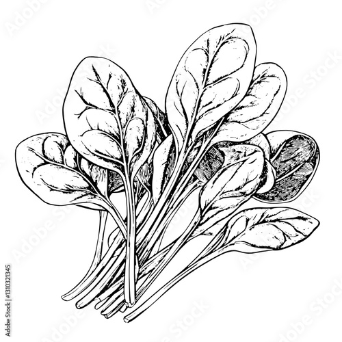 Elegant hand-drawn spinach leaves in a detailed engraved illustration for artistic projects and unique tattoo designs