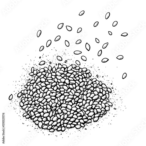 Engraved illustration of scattered seeds showcasing nature's bounty and the beauty of organic growth in a minimalist design