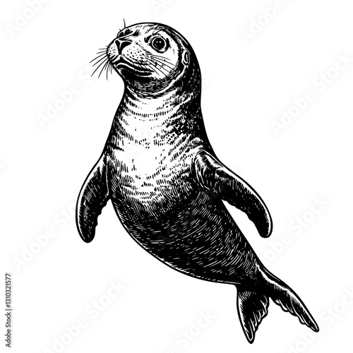 Engraved illustration of a seal gracefully swimming through the ocean depths in a captivating vector style suitable for tattoo designs