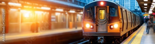 Busy Urban Subway Train Arriving at Platform During Sunset in Modern City Landscape