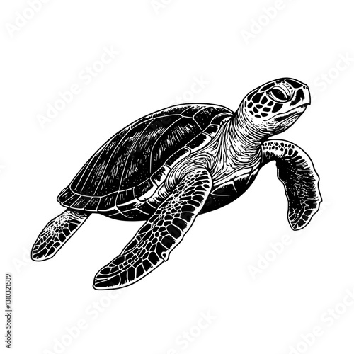 Engraved illustration of a graceful sea turtle swimming in the ocean, perfect for tattoo enthusiasts and packaging design lovers