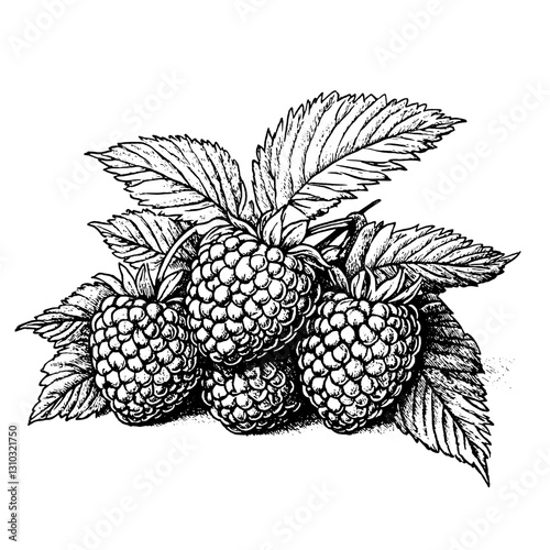 Engraved botanical illustration featuring vibrant raspberries with detailed leaves, perfect for tattoo and packaging design