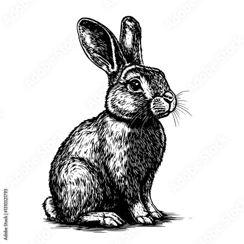 Detailed engraved illustration of a rabbit showcasing intricate fur textures suitable for tattoo designs and packaging creations