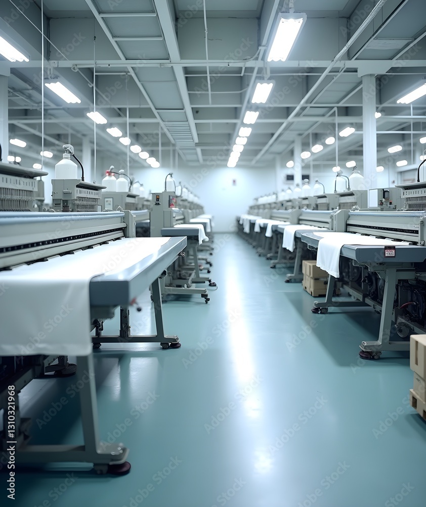 Spacious, high-tech manufacturing facility with organized conveyor system, machinery, and efficient workflow Spacious, high-tech manufacturing facility with organized conveyor system, machinery, and efficient workflow