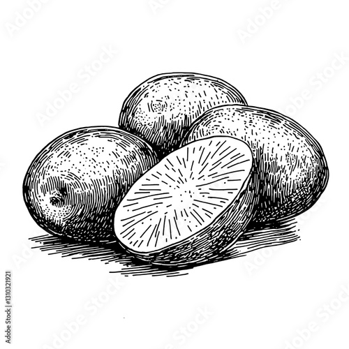 Engraved vector illustration of fresh potatoes with a halved potato on a rustic wooden surface ideal for tattoo or packaging design