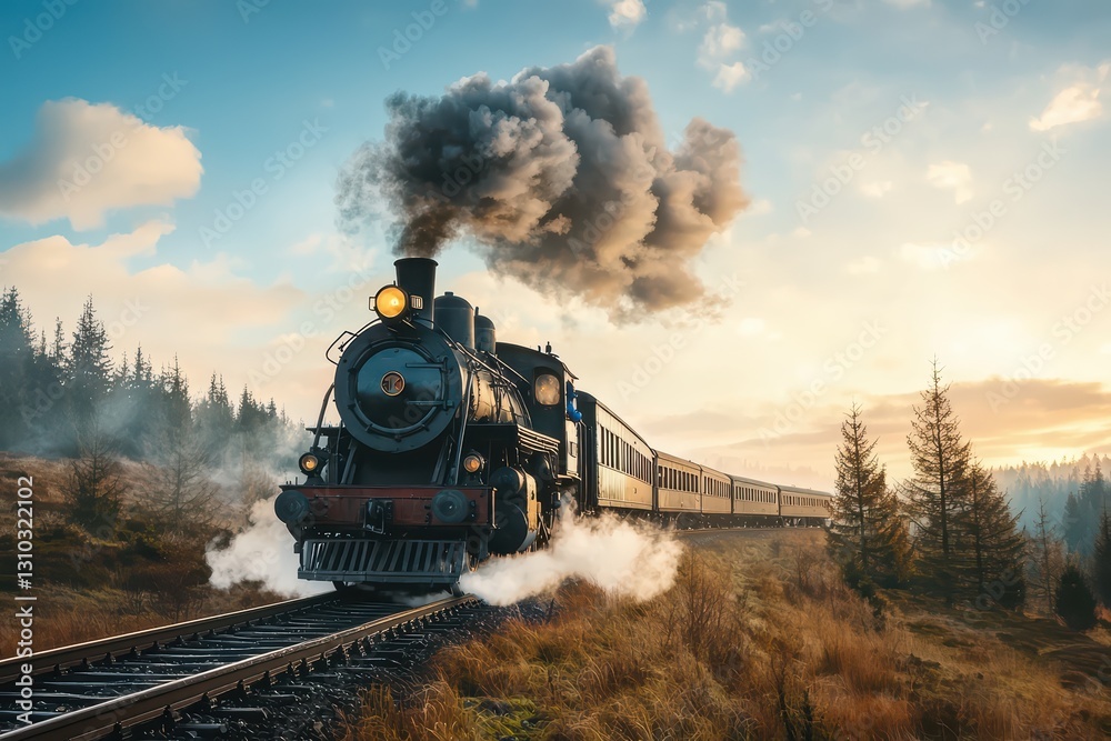 Fototapeta premium Vintage Steam Train Moving Through Lush Countryside Under a Dramatic Sky at Dusk