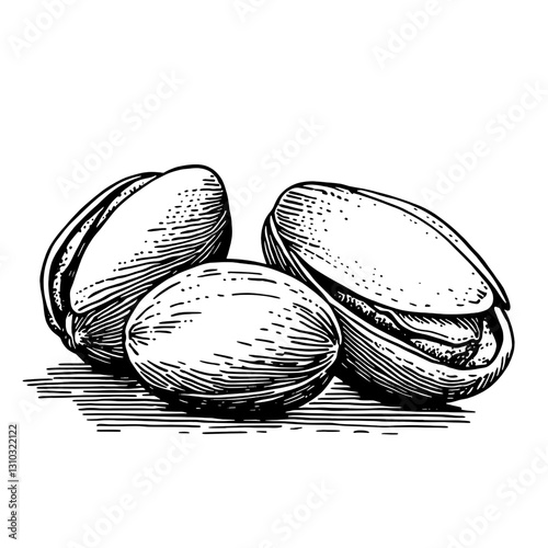 Intricate engraved illustration of pistachios presented with artistic flair for packaging and tattoo design