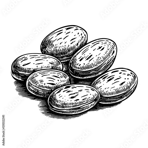 Engraved illustration of assorted nuts and seeds for botanical studies and creative design projects in various applications