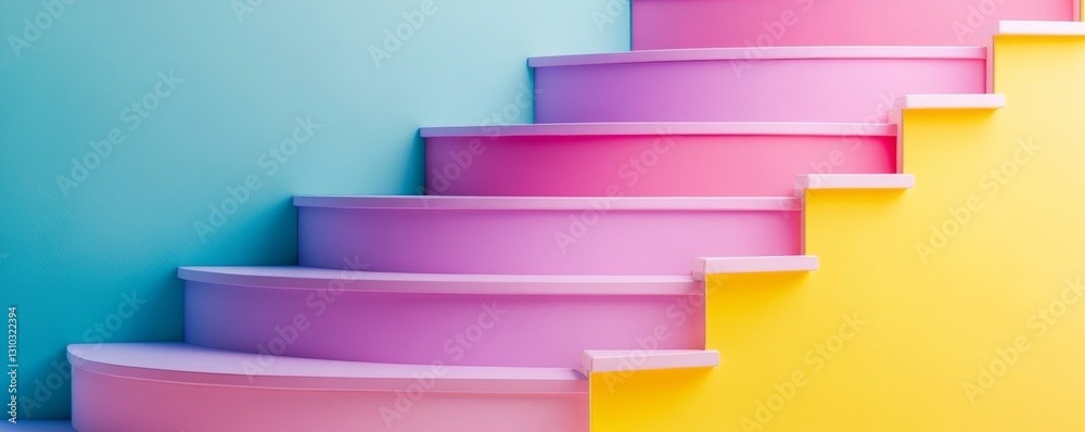 A vibrant staircase with colorful steps transitioning from blue to pink and yellow, representing creativity and modern design. A vibrant staircase with colorful steps transitioning from blue to pink and yellow, representing creativity and modern design.