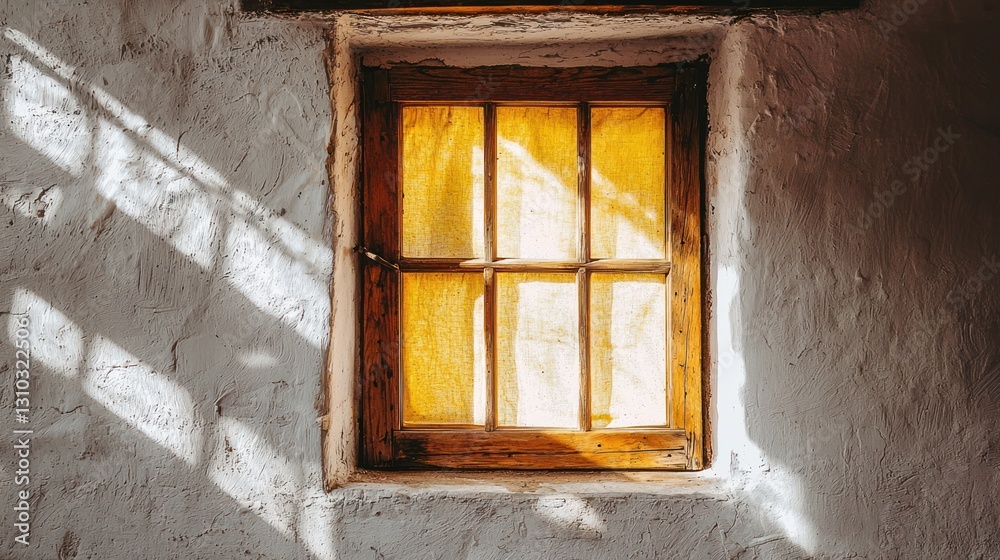 Sunlight streams through rustic window in old wall. Sunlight streams through rustic window in old wall.