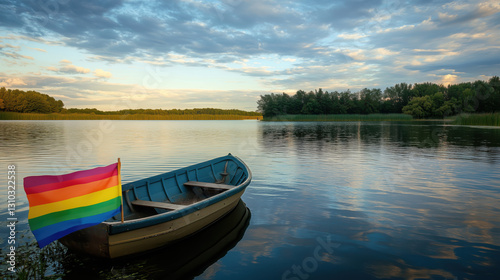 Tranquil Lakeside View of an LGBTQI Flag on a Small Boat, Symbolizing Peaceful Journeys and Freedom of Expression