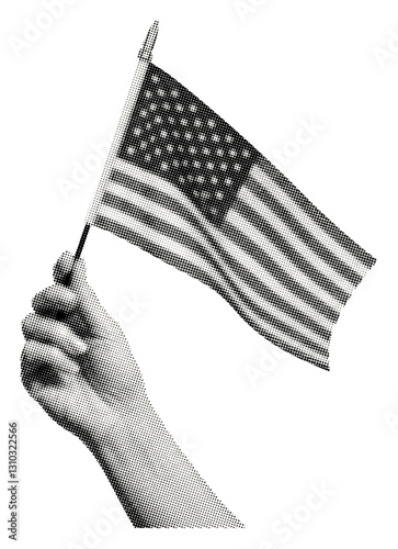 hand holding small United States of America flag isolated retro halftone dotted cut-out collage element for patriotism national pride American identity civic events USA historical reflections design