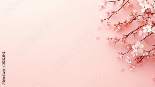 Delicate pink cherry blossoms gracefully arranged on a soft pastel background create a serene atmosphere, perfect for spring-themed designs, greeting cards, or wellness content,