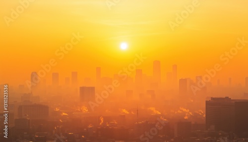 Polluted Urban Skyline: A Morning Scene Of Orange Haze And Toxic Dust, Creating Unhealthy Living Conditions In The City.