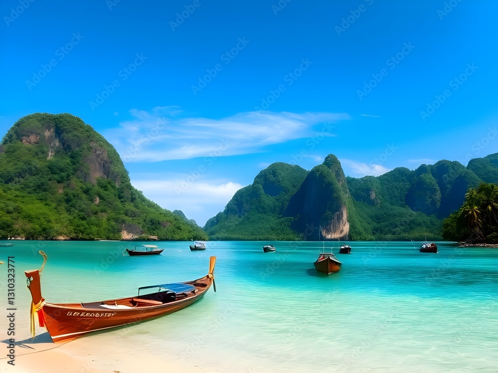 Idyllic Tropical Beach Landscape Longtail Boat on Turquoise Waters, Lush Green Mountains, Clear Blue Sky - Perfect for Travel and Vacation Concepts Idyllic Tropical Beach Landscape Longtail Boat on Turquoise Waters, Lush Green Mountains, Clear Blue Sky - Perfect for Travel and Vacation Concepts
